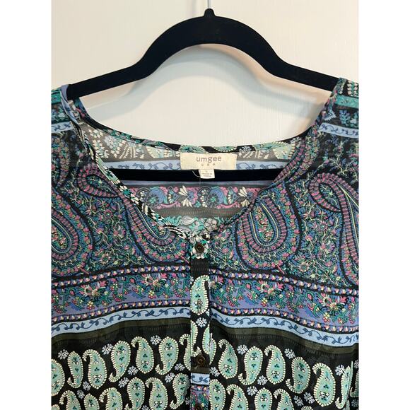 Umgee 3/4 Sleeve Boho Gypsie Whimsical Blouse Size L Button Front Teal Blues - Picture 2 of 10